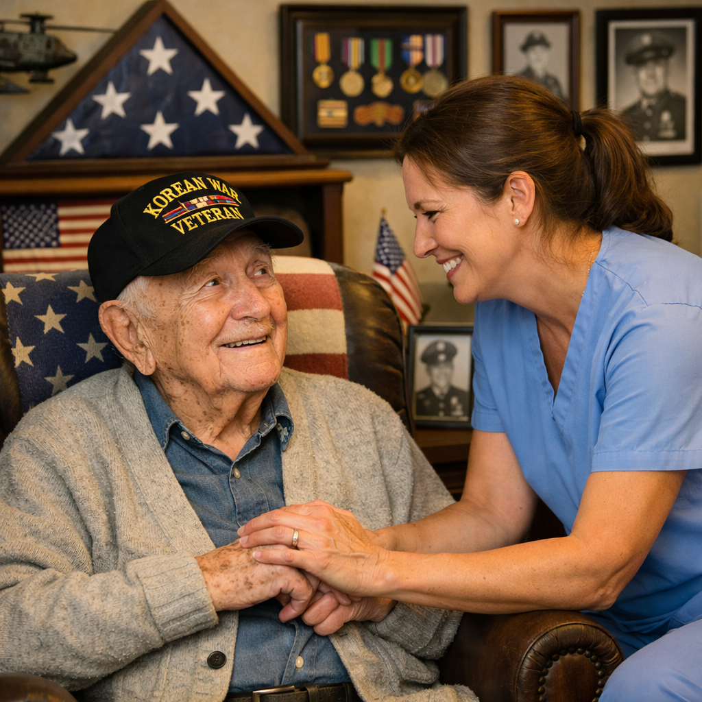 a old being taken care of by a caregiver with items in the background showing hes a veteran-1-1